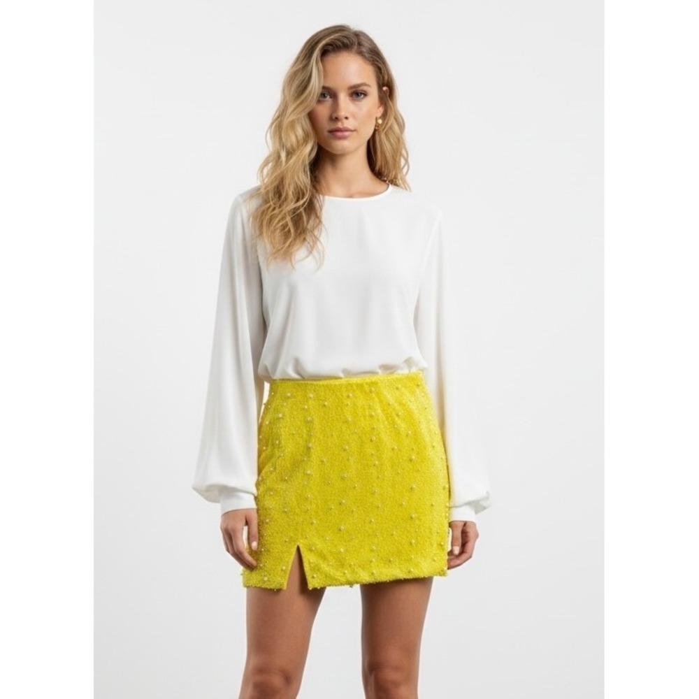 Oh Polly Lime Yellow Pearl Embellished Mini Skirt Side Slit US 4 UK 8 EU 36